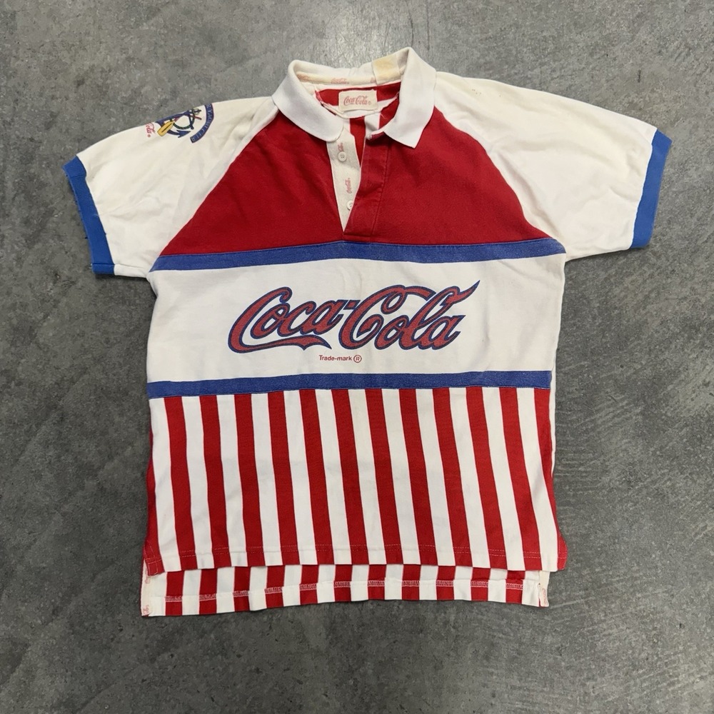 Vintage Coca Cola Rugby Polo Shirt Red White Blue Striped Nautical Coke 80s M